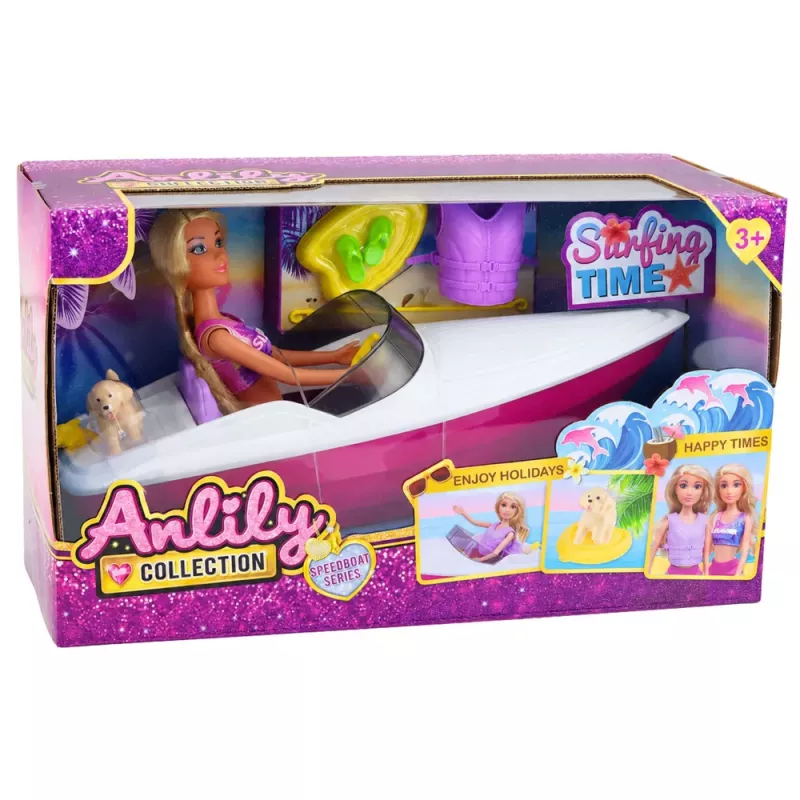 LEAN TOYS Anlily Doll in a Motorboat Dog Puppy Vest Board Accessories Set