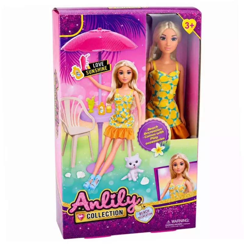 LEAN TOYS Anlily Doll in Yellow Dress with Kitten Garden Furniture Umbrella Accessories