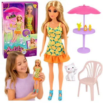 LEAN TOYS Anlily Doll in Yellow Dress with Kitten Garden Furniture Umbrella Accessories