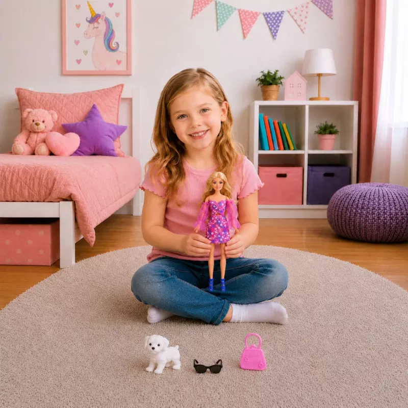 LEAN TOYS Anlily Fashion Doll in Pink Dress, White Dog, Purse, Glasses Set