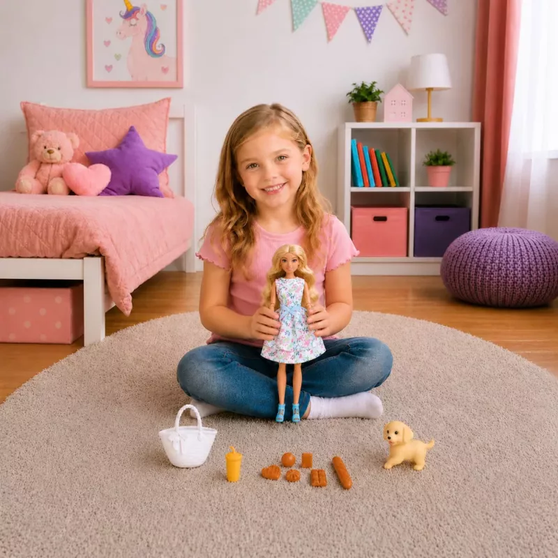 LEAN TOYS Anlily Doll with Dog, Floral Dress, Bag, Snacks, Accessories Set