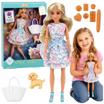 LEAN TOYS Anlily Doll with Dog, Floral Dress, Bag, Snacks, Accessories Set