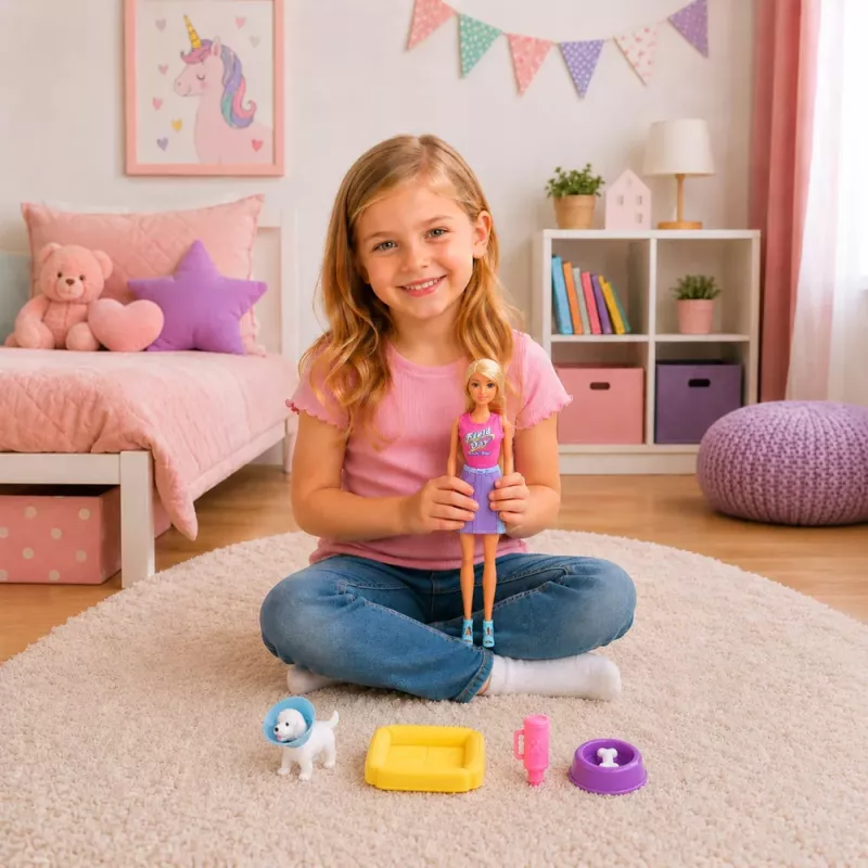 LEAN TOYS Anlily Doll with a White Dog in a Collar, Bed, and Accessories Set