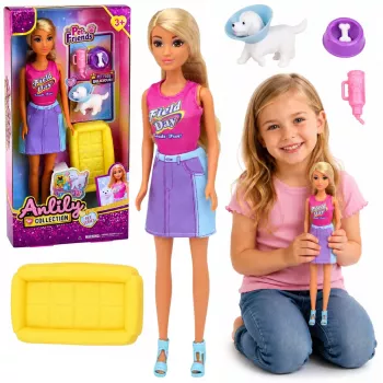 LEAN TOYS Anlily Doll with a White Dog in a Collar, Bed, and Accessories Set