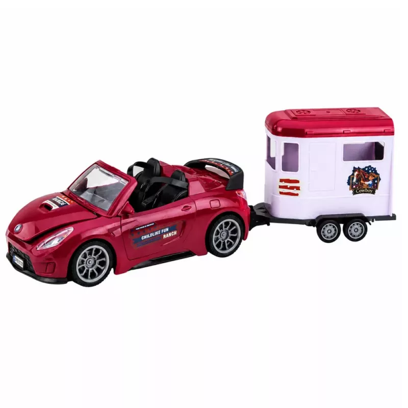 LEAN TOYS Burgundy Convertible Car With Horse Trailer Opening Doors Set 1:24 Die-cast