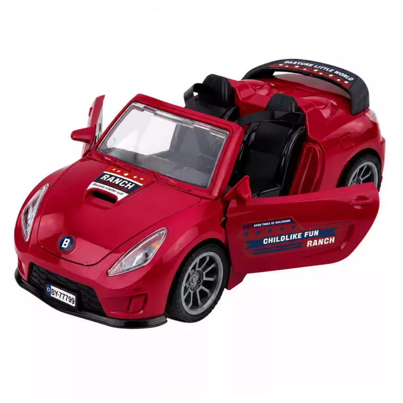 LEAN TOYS Burgundy Convertible Car With Horse Trailer Opening Doors Set 1:24 Die-cast
