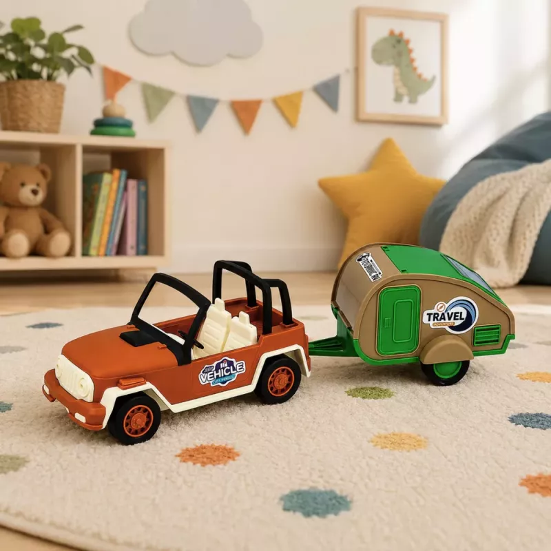 LEAN TOYS Off-Road Vehicle with Camper Sounds Green and Brown Tourist Set