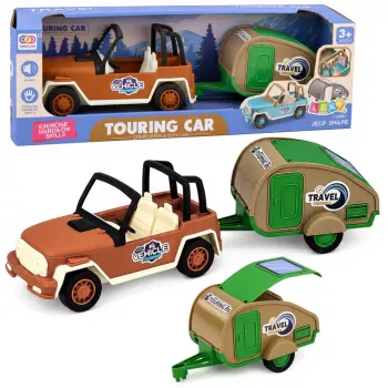 LEAN TOYS Off-Road Vehicle with Camper Sounds Green and Brown Tourist Set