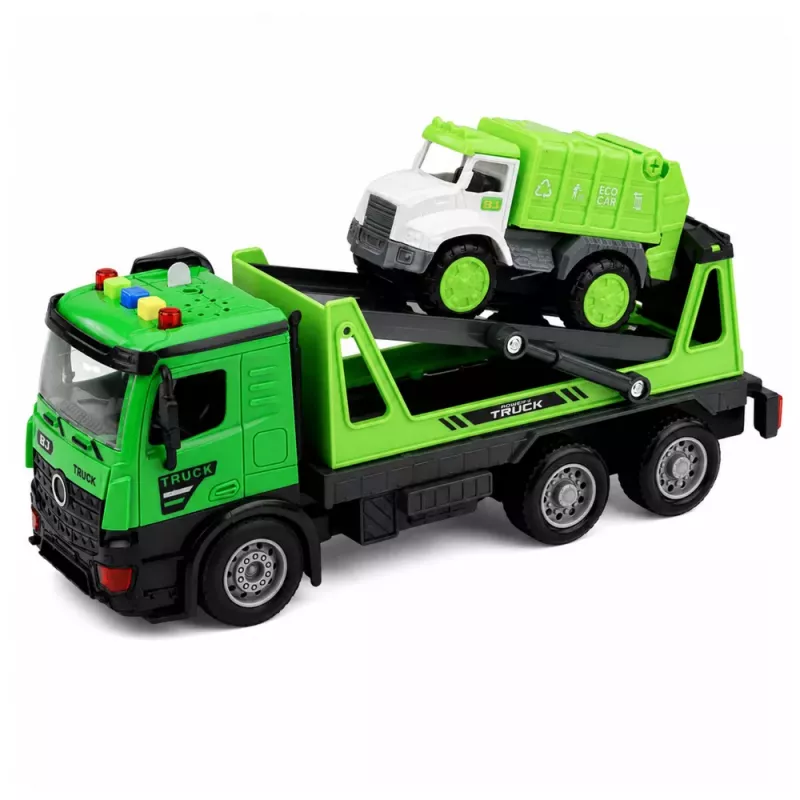 LEAN TOYS Tow Truck Garbage Truck Vehicle Set Lights Sounds Green