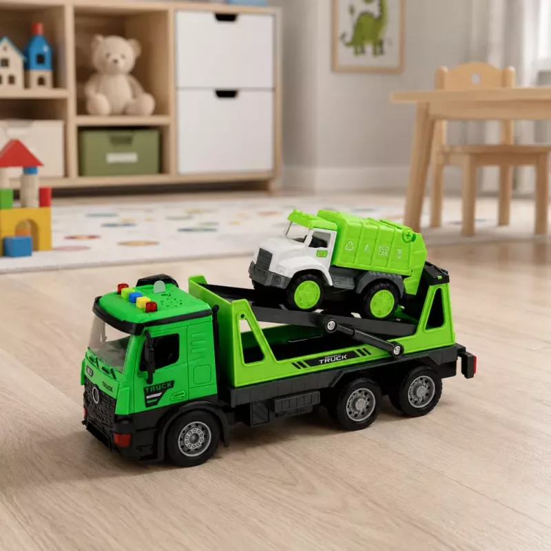 LEAN TOYS Tow Truck Garbage Truck Vehicle Set Lights Sounds Green