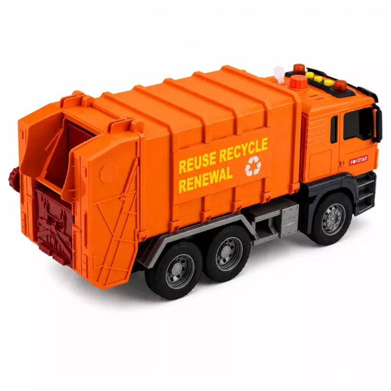 LEAN TOYS Garbage Truck with Garbage Cans, Lights and Sounds - Orange