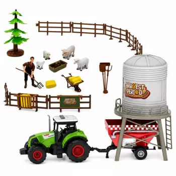 LEAN TOYS Farm Set with Tractor, Stable, Silo, Figures, Animals, Tools - 49 Pieces