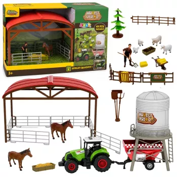LEAN TOYS Farm Set with Tractor, Stable, Silo, Figures, Animals, Tools - 49 Pieces