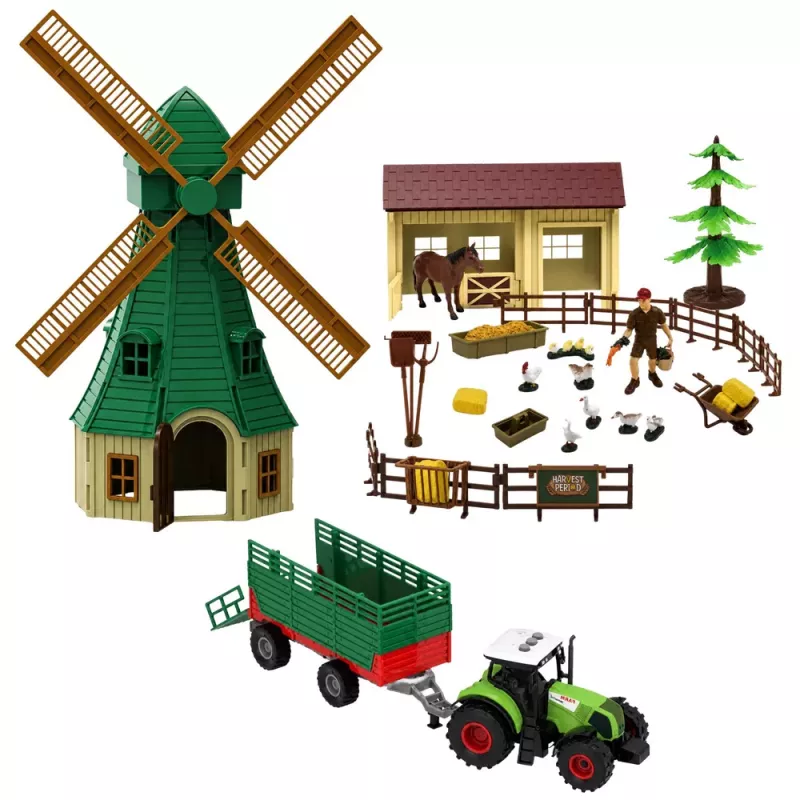 LEAN TOYS Farm Set with Tractor, Windmill, Stable, Trailer and Animal Figures, 45 Pieces