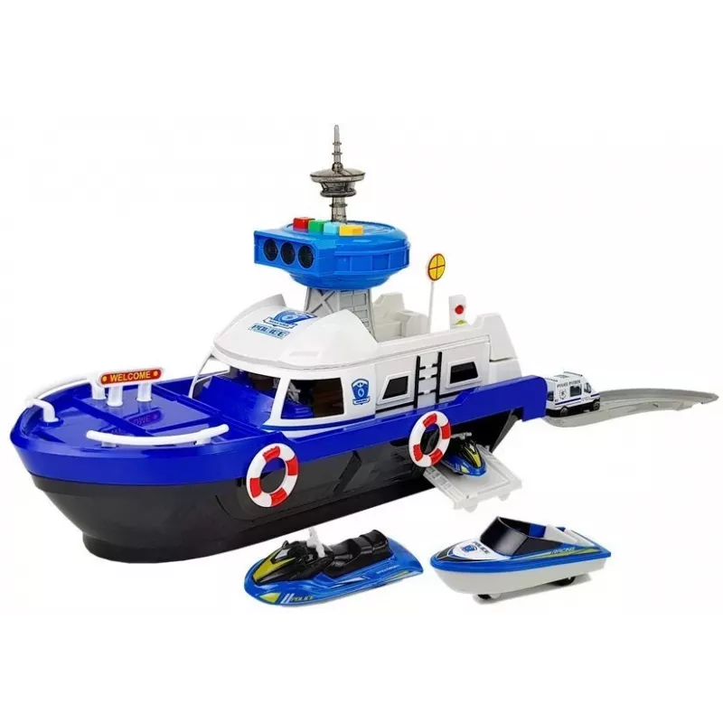 LEAN TOYS Police Transport Boat with Cars, Sounds and Lights