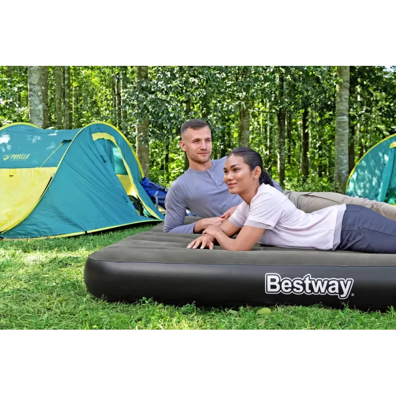 Bestway Pavillo Inflatable Airbed Queen 203x152x25 cm with Built-in Foot Pump, Flocked Top, Coil Beam Construction, Grey/Blue