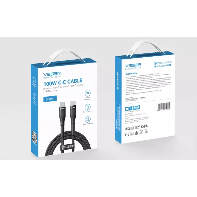 VEGER USB-C to USB-C PD 100W Cable 1.5m, Black