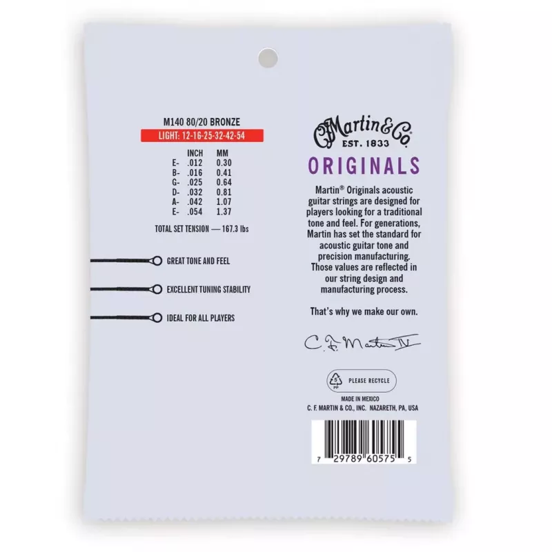 Martin MA140 Light (12-54) Acoustic Guitar Strings - 80/20 Bronze, 6-String Set
