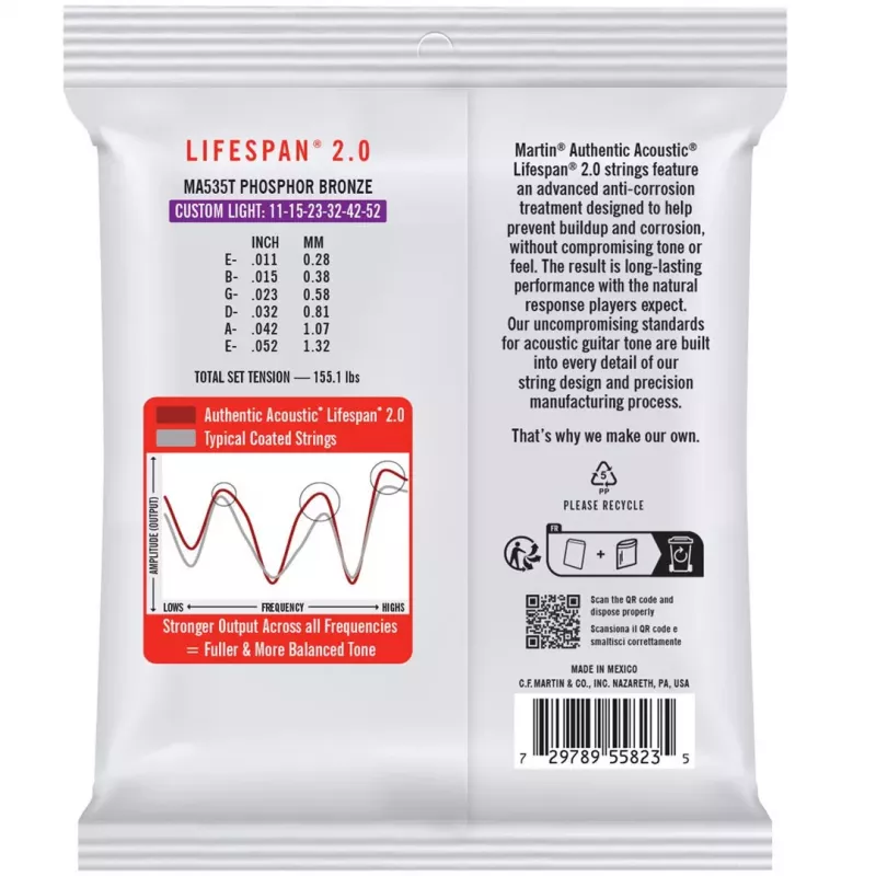 Martin MA535T Custom Light (11-52) Acoustic Guitar Strings - Lifespan 2.0 Phosphor Bronze