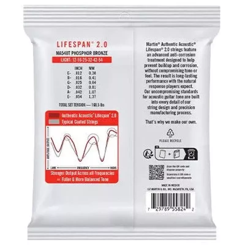 Martin MA540T Light (12-54) Acoustic Guitar Strings - Phosphor Bronze, Lifespan 2.0