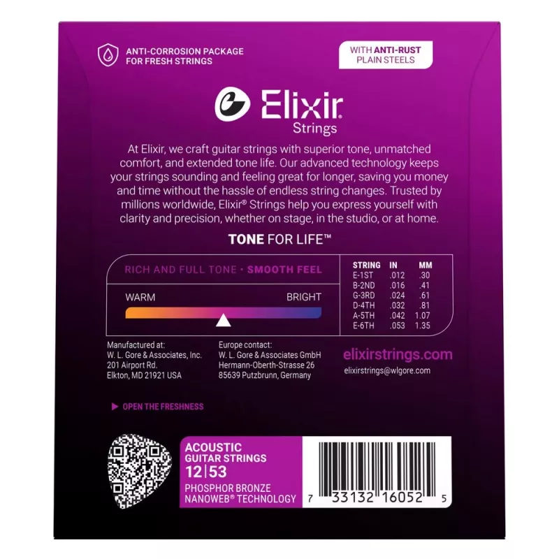 Elixir 16052 Phosphor Bronze Light NANOWEB Acoustic Guitar Strings (12-53)