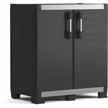 KETER GARAGE CABINET XL IT - Heavy-Duty Resin Storage Cabinet with 4 Adjustable Shelves, Lockable Double Doors, Grey/Black