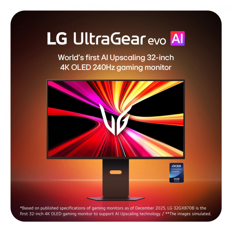 LG UltraGear Evo AI 32GX870B-B 31.5 inch Tandem OLED Gaming Monitor, 4K 240Hz / FHD 480Hz, HDR500, USB-C 90W
