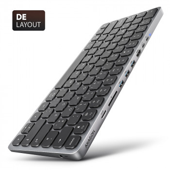 AXAGON HMC-KB-GE USB-C 5Gbps Keyboard with 9-in-1 Hub, German Layout, HDMI 4K, Gigabit Ethernet, 100W PD, Card Reader, Black