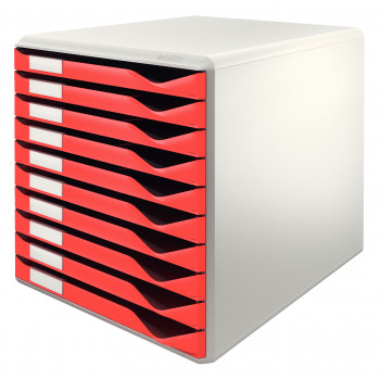 Leitz Plus Drawer Cabinet Form Set, 10 Drawers, Light Grey/Red, DIN A4, Pull-Out Stop, Stackable 5281-00-25