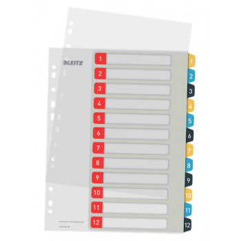 Leitz Cosy A4 Printed Index Divider Set, 1-12, PP, Multi-Coloured 12480000