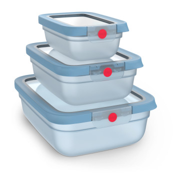 EMSA ONECLICK Food Storage Container Set, 3 Pieces, 0.5/1.2/2.3 L, Blue Lids, Transparent Containers 3110601764