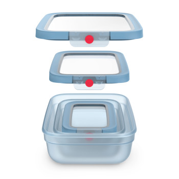 EMSA ONECLICK Food Storage Container Set, 3 Pieces, 0.5/1.2/2.3 L, Blue Lids, Transparent Containers 3110601764