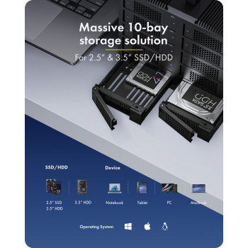 ICY BOX IB-3710-C31 10-Bay USB 3.2 Gen 2 JBOD Enclosure for 2.5 inch/3.5 inch SATA HDD/SSD, Single Mode, USB-C to C Cable, 200 W PSU, Black