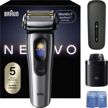 Braun NEVO 17000cc Electric Shaver with Clean&Charge Station, 5 Modes, 360° Head, Chrome/Silver 349659