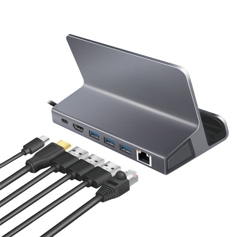 LogiLink UA0408 USB-C Docking Station with Tablet Stand, HDMI 4K@60Hz, 100W PD, Gigabit Ethernet, Silver