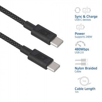 ACT USB 2.0 240W Charging/Data Cable USB-C to USB-C, Black, 1m (AC3086)