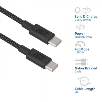 ACT USB 2.0 240W Charging/Data Cable USB-C to USB-C, Black, 2 m (AC3087)
