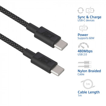 ACT USB 2.0 60W Charging/Data Cable USB-C to USB-C, Black, 1 meter (AC3082)
