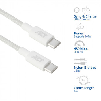 ACT USB 2.0 240W Charging/Data Cable USB-C to USB-C, White, 1 m (AC3084)
