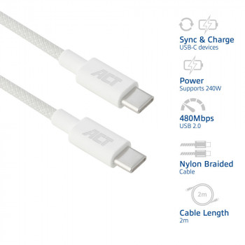 ACT USB 2.0 240W Charging/Data Cable USB-C to USB-C, White, 2m (AC3085)