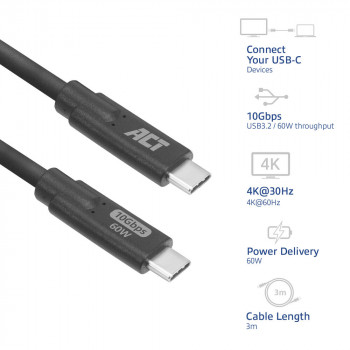 ACT USB-C to USB-C Cable 1m 5Gbps 60W PD 4K Video - Black AC7443