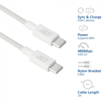 ACT USB 2.0 60W Charging/Data Cable USB-C to USB-C, White, 2 m (AC3081)