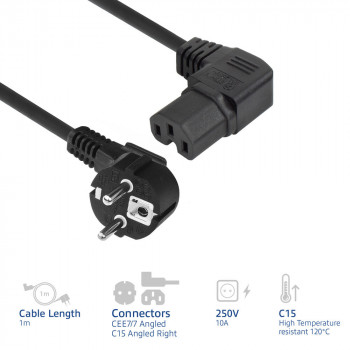 ACT AK5349 Power Cord Schuko CEE 7/7 Male Angled to IEC C15 Female Angled Right 1m Black