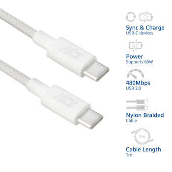 ACT USB 2.0 60W Charging/Data Cable USB-C to USB-C, White, 1 m (AC3080)