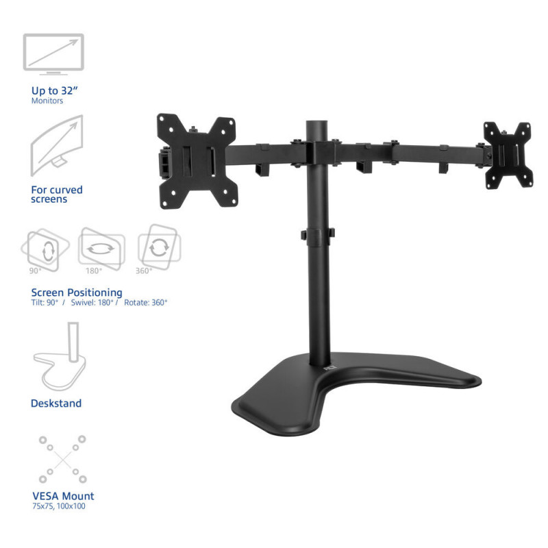 ACT AC8363 Dual Monitor Arm Desk Stand for 2 Screens up to 32 inch - Clamp & Grommet Mount, VESA 75/100, 8kg per Arm, Black