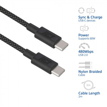 ACT USB 2.0 60W Charging/Data Cable USB-C to USB-C, Black, 2m (AC3083)