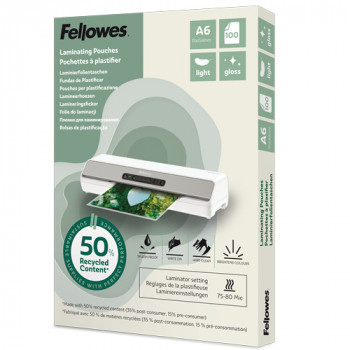 Fellowes Laminating Pouches A6 Gloss 160 micron 100 Pack - 50% Recycled Material 100143441