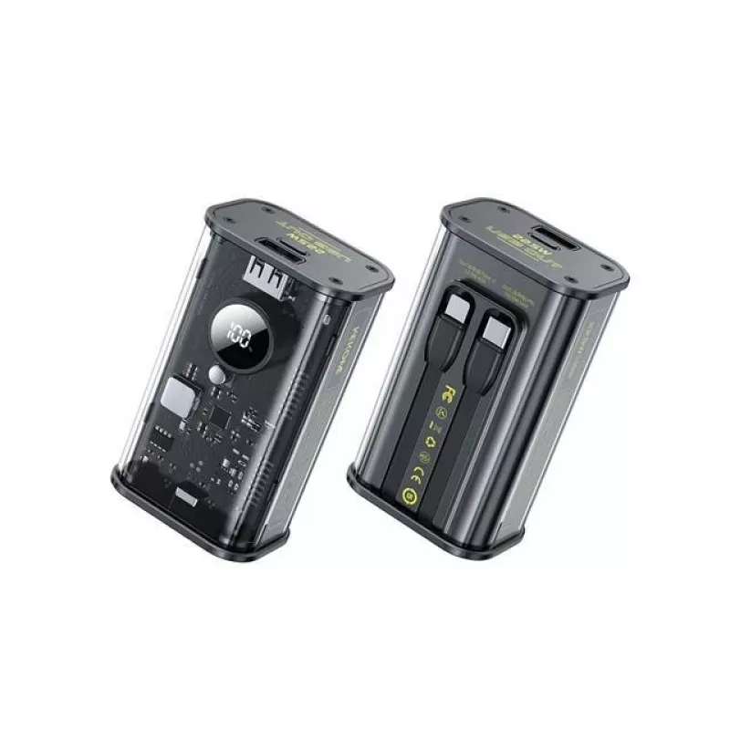 WEKOME WK-WP-345 Vanguard Series Power Bank, 10000 mAh, Built-in USB-C and Lightning Cable, PD 20 W + QC 22.5 W, Black