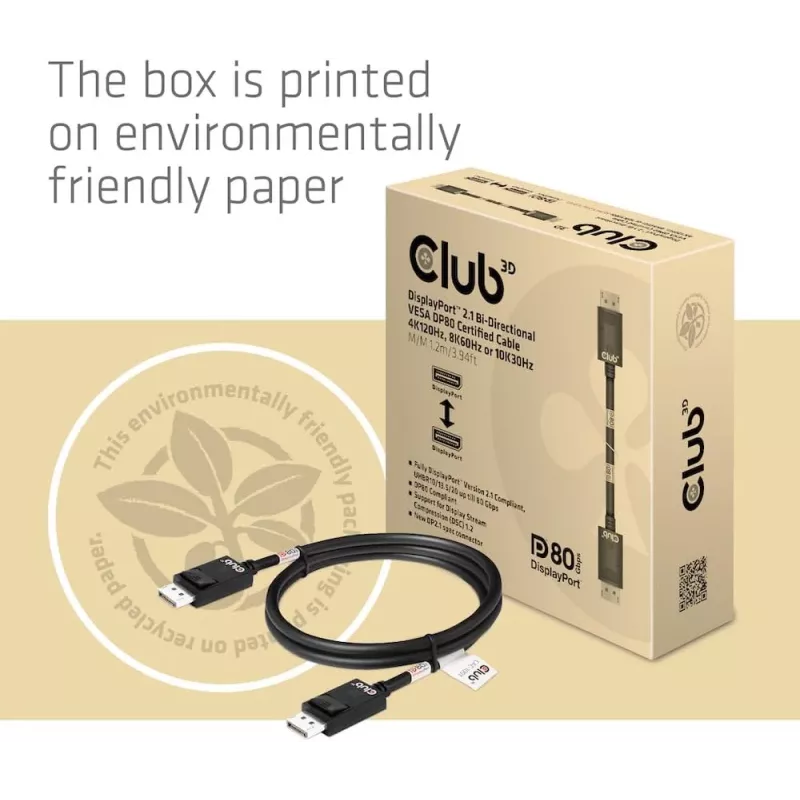 CLUB3D DisplayPort 2.1 Bi-Directional VESA DP80 Certified Cable 4K240Hz, 8K60Hz or 10K30Hz M/M 1.2m/3.94ft