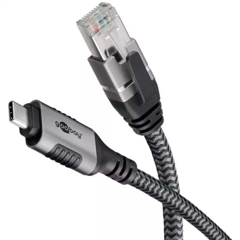 Ethernet-Cable USB-C 3.2 Gen2 Plug > RJ-45 Plug, LAN-Adapter black/Silver, 2 Meter, braided textile jacket